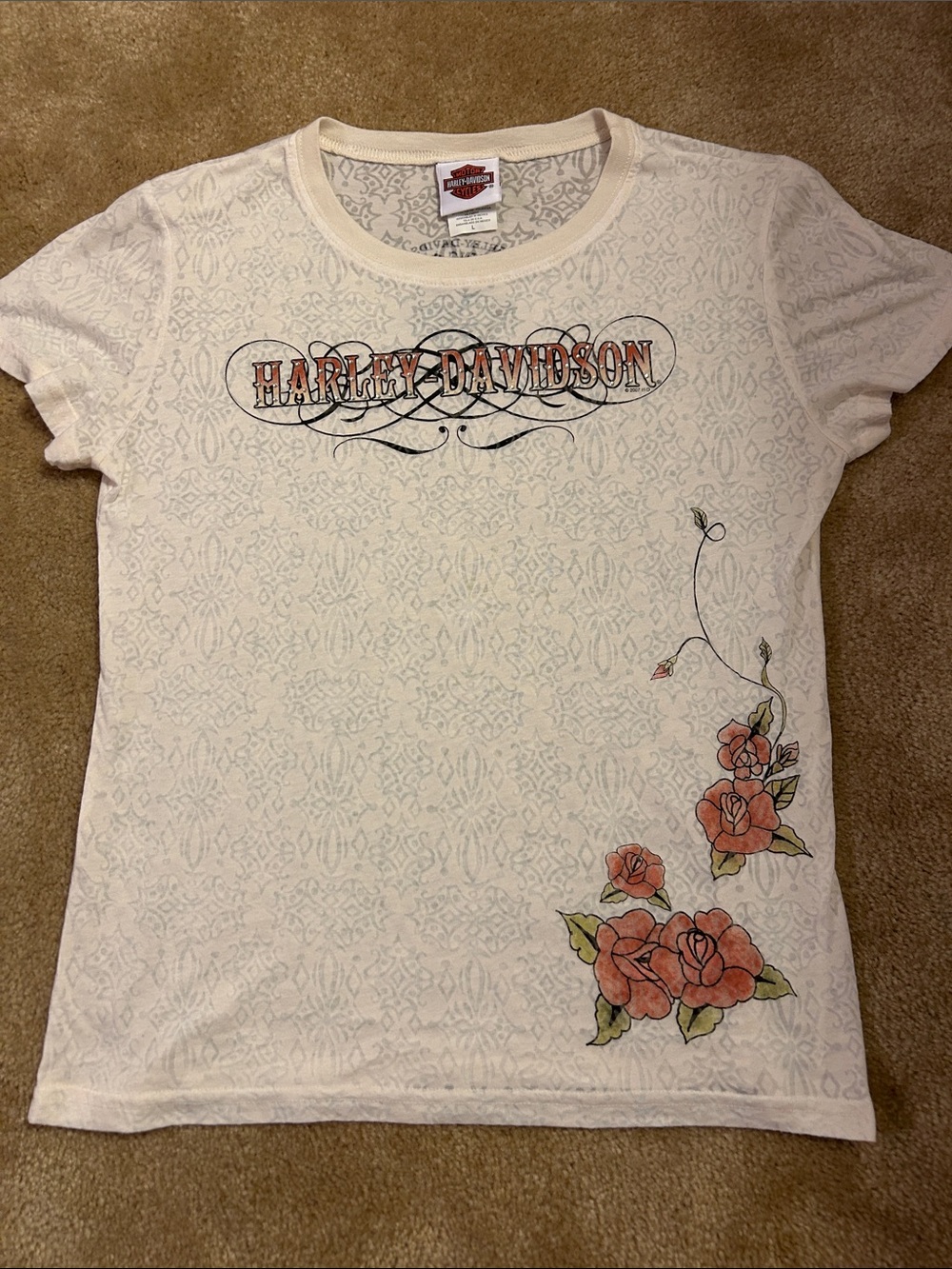 Harley-Davidson Cream Tee with Orange Floral Accents